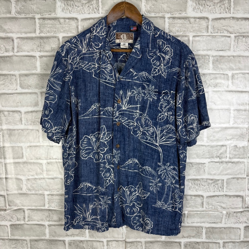 Kalaheo Mens Blue White Tropical Hibiscus Rayon Hawaiian Shirt MEDIUM